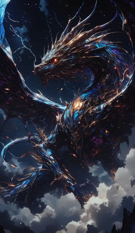 (Imagine a dragon that embodies elegance and grace, soaring through the dark skies. Its scales shimmer in a multitude of colors like an iridescent tapestry, reflecting an intricate play of dark blues, purples, and hints of gold. The dragon possesses slende...