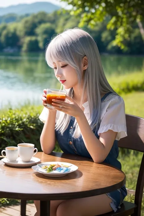  beautiful girl with silver hair on the lake 、Paint tea with 、Tea on the table、 sit on a chair、 teacup on the prairie hill、My hair sways in the wind、Drinking tea in a 