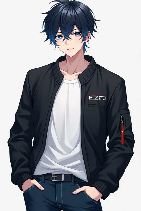 adult anime man with black jacket and white shirt and jeans and black hair and blue highlights and blue eyes 