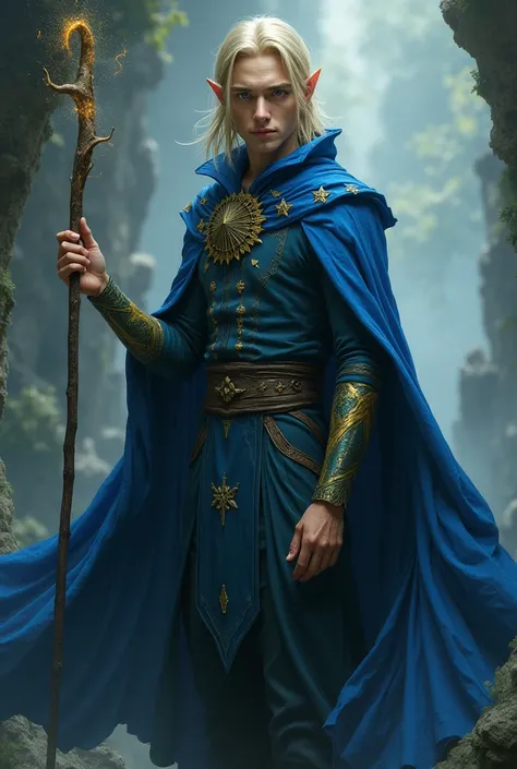 Can you create a 600 year old male elf, that looks 25 blond medium length hair, has pale skin and grey eyes. The male elf is wearing a blue cape with yellow stars on it and is holding a wand