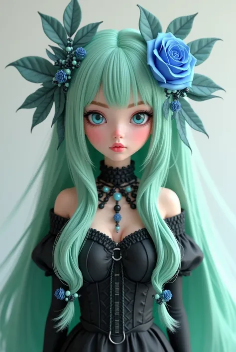  Make a vtuber model with green hair, long,  braid on the sides of the cheeks , an old dress ,  a blue rose on the head ,  light blue locks in the hair ,  ojos azules, white,  black dress