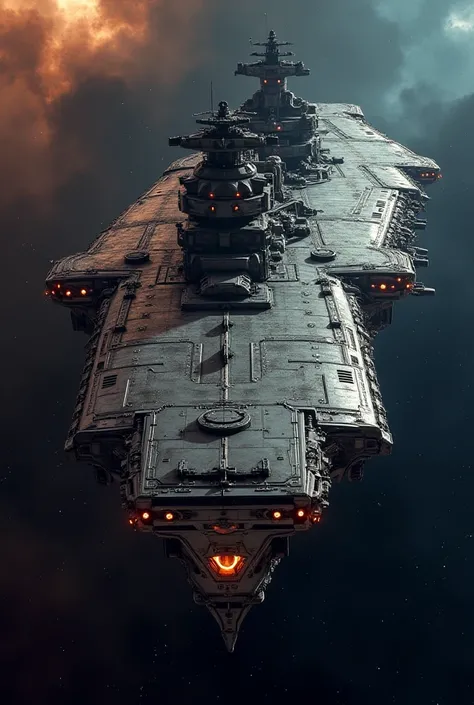 masterpiece, best quality, highly detailed, amazing quality, newest, hyper-detailed, very aesthetic, absurdres, aircraft carrier inspired space battleship, dreadnought, exterior shot, nebula in background, no watermark, battered exterior, battle scarred hu...