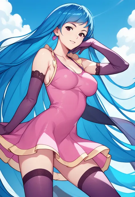  score _9,  score _8_arriba,  score _7_arriba,   source  _animated,     meme,  long hair, dress,  breasts, pink dress,  black eyes , very  long hair,  Blue Hair,  medium  breasts,  collarbone,  detachable sleeves, neckline,   sleeveless , elbow Gloves,   s...