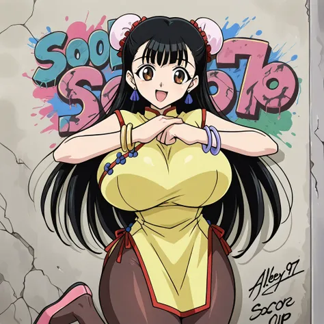 1girl, black hair, long hair, brown eyes, bun cover, double bun, earrings, jewelry, smile, open mouth,  solo, huge breasts, score_9, score_8_up, score_7_up, score_6_up, curvy, voluptuous, yellow qipao, bracelet, pantyhose, graffiti, concrete wall, smile, o...