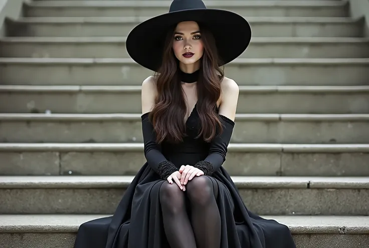 there is photo of young pretty woman sitting on a set of steps wearing a black hat,  stockings and a big hat, wearing black old dress and hat, fashionable dark queen, wearing black dress and hat, beautiful witch girl