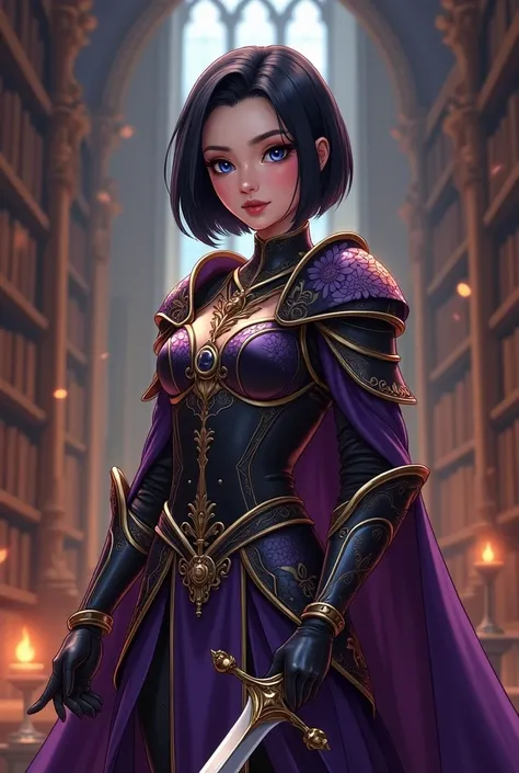 "4K anime style quality, digital drawing mode, an elegant and composed knight with jet-black hair styled in a sleek bob, deep blue eyes, and a calm expression. She wears ornate dark purple and gold armor with floral engravings, a flowing cape, and wields a...