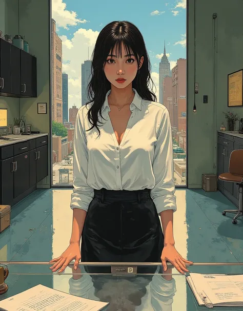 Illustration of a woman (with long hair: 4) standing in front of a large glass desk in a Chicago office, slim waist, small face, length, thin limbs, attractive image, gentle, untouched beauty, transparency, vivid, detailed face, captivating expression, rea...