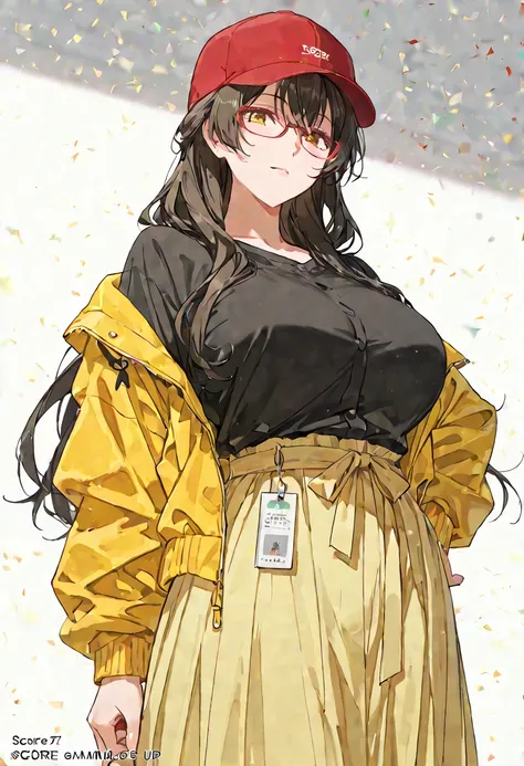 Score_9, Score_8_up, Score_7_up, Score_6_up, Score_5_up, Score_4_up, Source_anime, Tag1, Tag2, Quality_masterpiece, Anatomically correct, Detailed skin, Mature female, long hair, hip hop clothes,red hat, red glasses, yellow jacket, yellow skirt, 