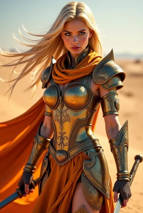 4K Russian quality, a chaos-themed female character, with detailed long flowing blonde colour hair, soft sapphire eyes, and a determined gaze, She wears super stylish golden and bronze armor with desert-themed motifs, a flowing skirt, and wields twin curve...