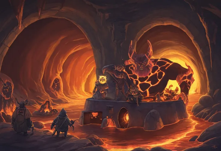 underground,tunnel,underworld,dwarves,dwarven_mine,furnaces,magma,magma_stream,fantasy,forge,anime