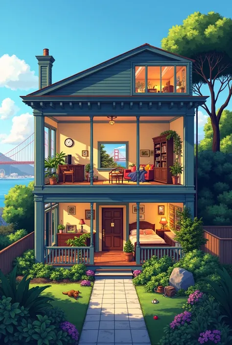  best quality  、  high resolution、  detailed background 、Masterpiece、    in San Francisco, a house up on the hill overlooking the golden gate bridge. Part of the house is seen from the outside and partially see through into three different rooms: the livin...