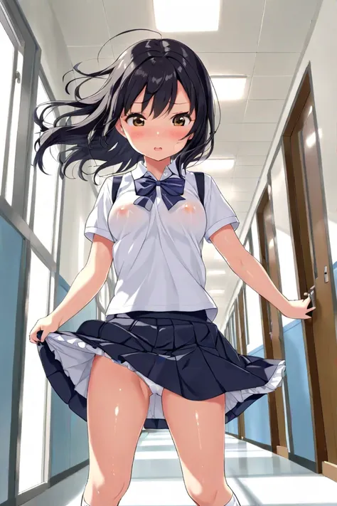 cute, , girl, 1st grade junior high school student, black hair, long hair, school uniform, white polo shirt, vest, miniskirt, white high socks, medium bust, see-nipples, (((loli))), School corridor, ((shiny skin)), ((white panty)), ((The wind blows up skir...