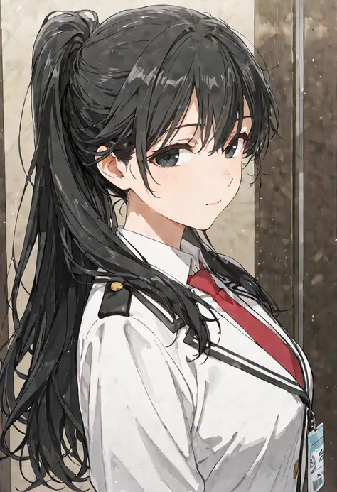 Score_9, Score_8_up, Score_7_up, Score_6_up, Score_5_up, Score_4_up, Source_anime, Tag1, Tag2, Quality_masterpiece, Anatomically correct, Detailed skin, Mature female, ponytail hair, black hair, black eyes, red tie, seifuku, uniform, pov (from side), looki...