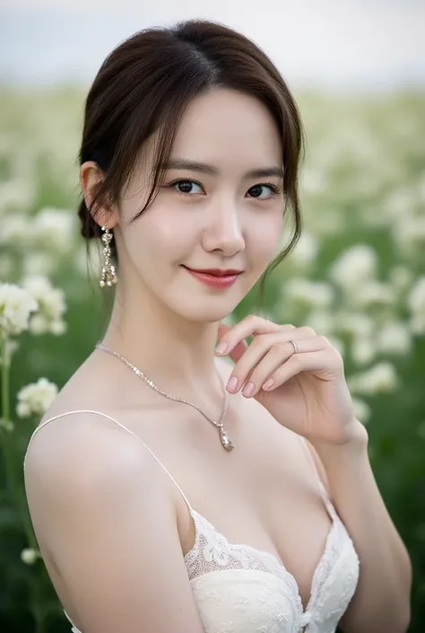 beautiful girl, slender face, Beautiful sharp eyes., Tie your hair, model face, Beautiful makeup, 18 years old, Wear white lace lingerie.,  ((very tiny breasts)), white skin, In a field of white flowers, Very high detail, 8k, mannequin,Focus on a sexy body...