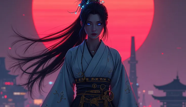 A cyber woman from the Asuka period (7th century Japan), standing defiantly under the crimson glow of a neon moon. Her long, flowing black hair is streaked with electric blue highlights, partially tied up in a traditional ‘tabusa’ style, but adorned with c...