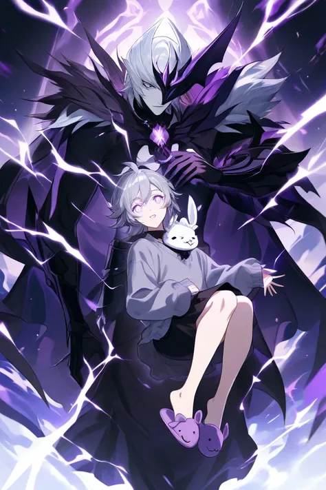 Single person ,fanart anime, boys, grey hair, white skin,dark grey sweater, black skirt, dogs slippers, purple bunny ears, white lightning eyes, dark long hand sleeves, dark neckle, fantasy, comma hair.