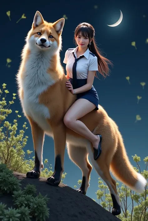 ultra-realistic, dramatic scene, shadow, global-illumination, 1 girl\( beautiful Japanese woman, a self-defense officer uniform, wearing a white short-sleeve shirt, navy tie, navy pencil mini skirt, sexy black patent high heels), A huge giant fox about Tri...