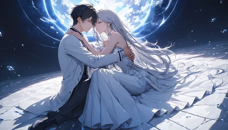  (((Masterpiece))),(((best quality))), A beautiful man with short black hair and slender face and sharp nose. Scientist in a white coat, detailed beautiful face and eyes, (He is sitting on the floor and hugging a beautiful woman with long silver hair weari...