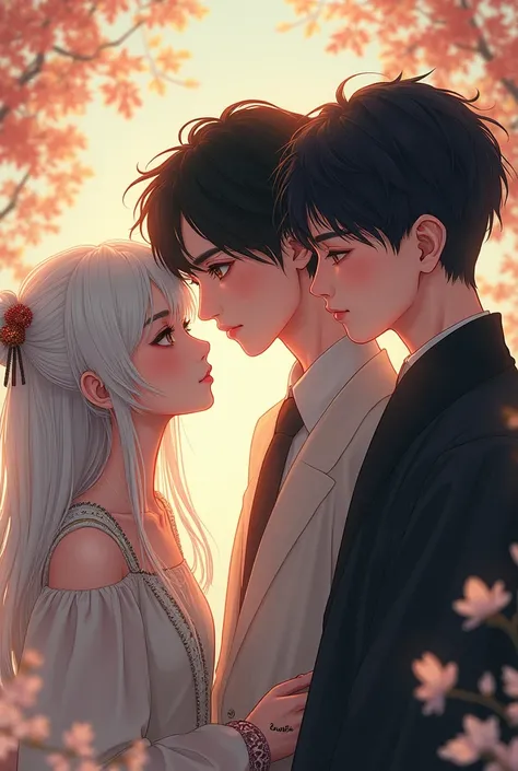 A 20-year-old white-haired girl ,  another 20-year-old black-haired boy and a 20-year-old Chinese boy, with black hair , beautiful .