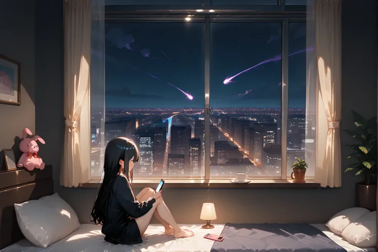 Dragon meteor flying outside the window,,,this woman is in the middle of a beautiful cityscape, all of her memories and feelings of the recent past flood her mind, 1girl, window, indoors, sitting, long hair, scenery, solo, cityscape, barefoot, phone, black...