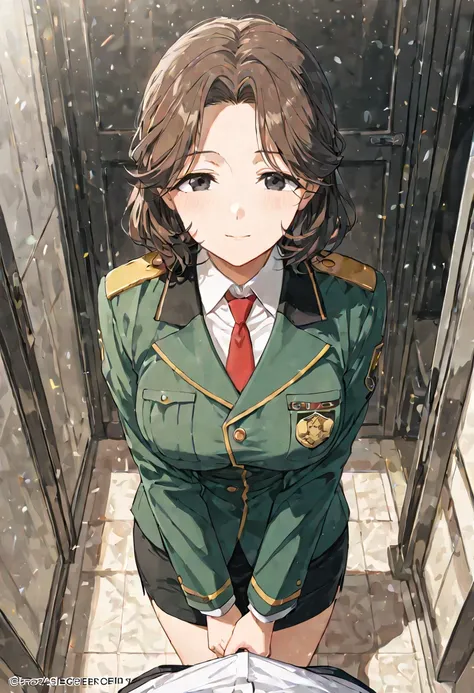 Score_9, Score_8_up, Score_7_up, Score_6_up, Score_5_up, Score_4_up, Source_anime, Tag1, Tag2, Quality_masterpiece, Anatomically correct, Detailed skin, Mature female, bob hair, brown hair, black eyes, red tie, seifuku, uniform, pov (from above), looking v...