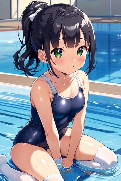 cute, girl, , 6th elementary school student, black hair, Bob-Half up-short ponytail, (Short), ((Dark blue school swimsuit)), white knee-high socks, medium bust, (((shiny skin))), blush, smile, (((Loli))), see-nipples, school swimming pool