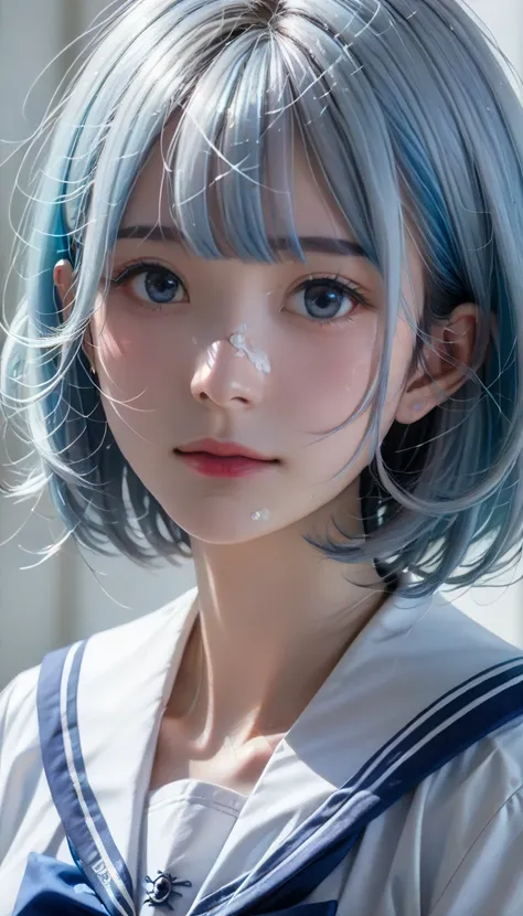 ((((There is a beautiful Korean woman、Cute girl, Realistic idol ,  Cute Idol ,  sailor collar 、 beautiful face、Beautiful Skin))))、((( by Nomi、 portraits)))、(((((( close-up face、Zoom up face ))))))、break (((((( light blue hair,  beautiful hair、Beautiful med...