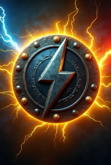 Create a logo of medallion with metal design realistic name HIGH VOLTAGE yellow lightning background,blue lightning,red lightning