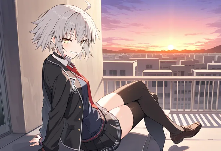 short hair, ahoge, grey hair, yellow eyes, choker, school uniform, white shirt, red necktie, blue vest, black jacket, black skirt, thighhighs, from behind,((outside)),school building,rooftop,((Twilight)),looking at viewer,naughty smile,sitting,crossed legs...