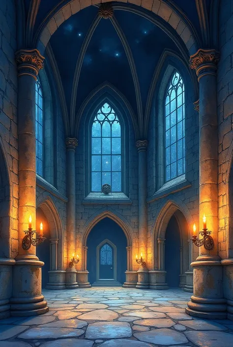 
Create watercolor illustration , gothic castle room big windows , torch lights