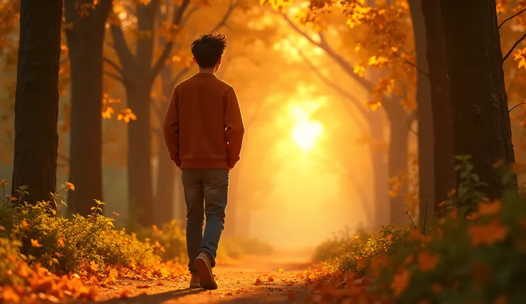  high definition image ,  Disney Pixar style.  A dirt path surrounded by trees , with yellow leaves falling ,  representing the passage of time.  A 30-year-old walks looking forward, with his hands in his pockets and a serene expression .  The sun sets in ...