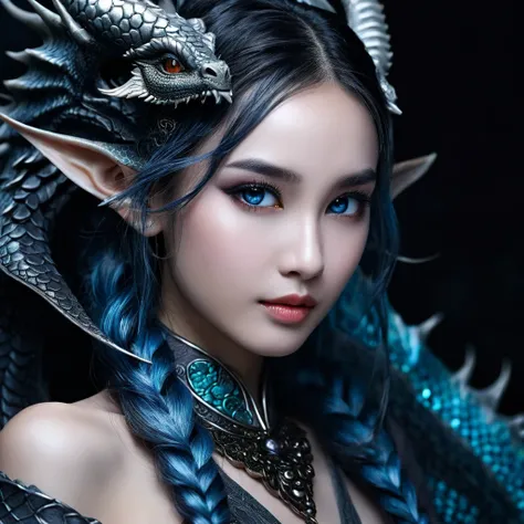 A majestic dragon girl with skin adorned by intricate, small black scales that glimmer in the light, her eyes radiating with an otherworldly blue tone that seems almost ethereal, sharp claws that curve delicately from her fingertips, and wavy hair that cas...