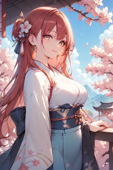 (  Super quality side by side)( Artistic  )  Beautiful Japanese woman (Alone),   red long hair ,  golden eyes, stands between cherry blossom trees