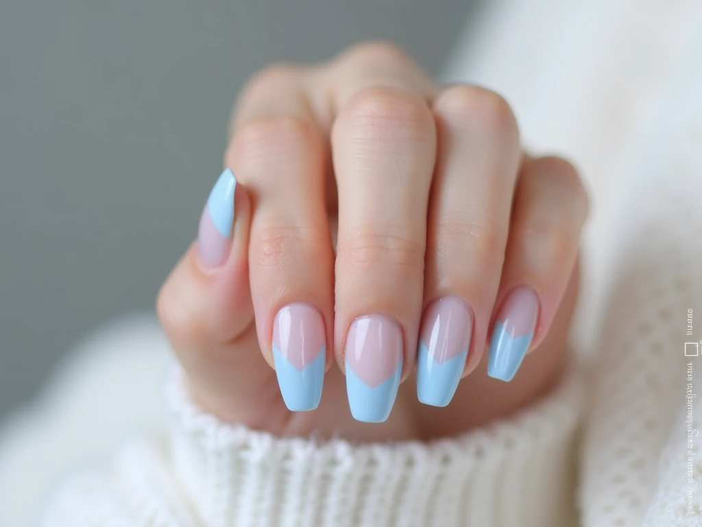 Light blue French tip nails coffin orignal coffin