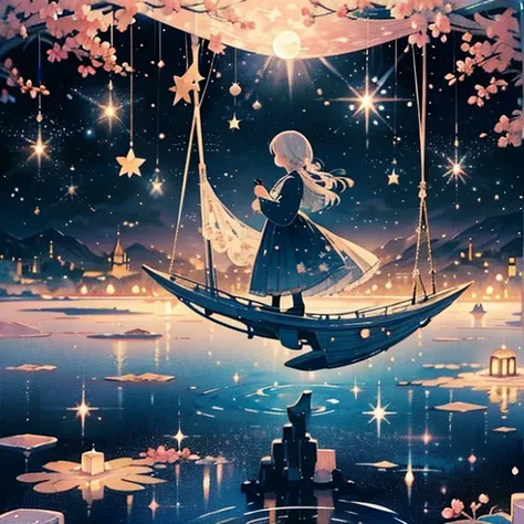      pink petals are dancing 、star降る夜、 sitting on a moon swing in the background pale pink  、  Mix、I wish you good luck  、  Looking up at the moon  、、 float the   crescent moon in the sky、 Arrange the 、    top quality  、 Masterpiece、     Official Art、     ...