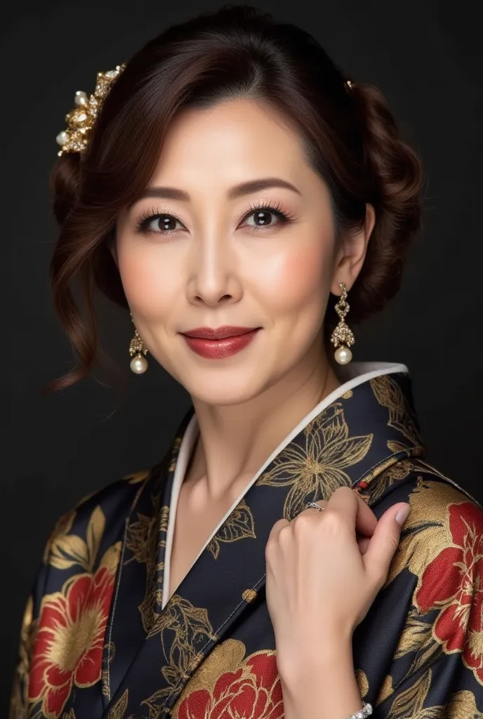 5.  the appeal of adults with a gold peony pattern on a chic black background  + Jewelry + flashy hairstyle

Prompt :
 ultra high resolution、 top quality、 Sharp Focus 、Realistic、Ultimate beauty、 Japanese woman（50 years old）、 close-up、Fine laugh lines、 Unri...