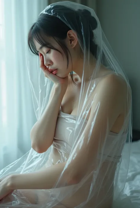 Japanese Girl Wearing Full Body Transparent Latex Dress,Transparent Latex Underwear. She sat curled up in a clear plastic bag, suffering from lack of oxygen.. , her face showing pain because of suffocation..  side view.