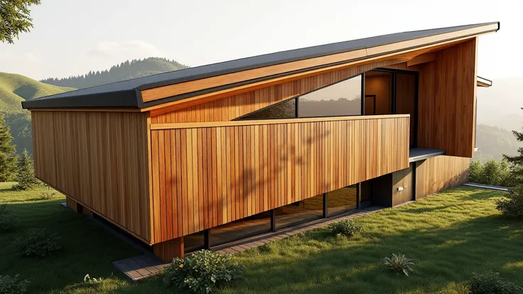 Photorealistic horizontal timber house with warm wood tones, sharp details, and natural lighting