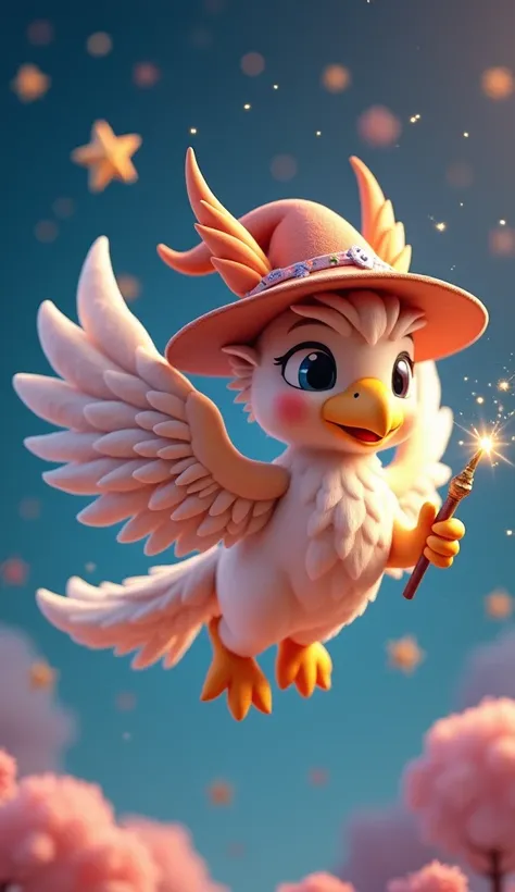 digital 3D artwork, a cute chibi griffin with eagle beak holding magician wand and wear magician hat, she is flying, stars popping arround her