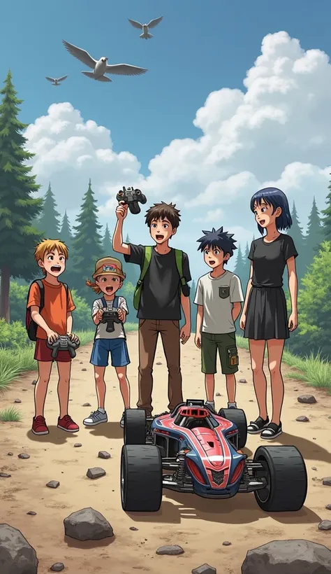 Make a poster, 6 man are standing while holding a remote control car with the car in their hands. The background is in the forest, the poster is in an anime illustration