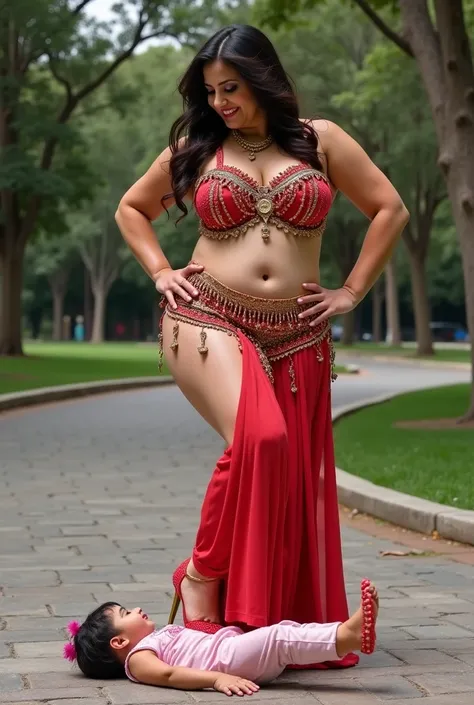 A very big very curvy chubby plus size nude arabian bellydancer woman of 30 years old with extra very thick thighs and extra very wide hips wearing high heel shoes, small screaming bloodied baby girl is laying on her back on a stone structure in a park, be...