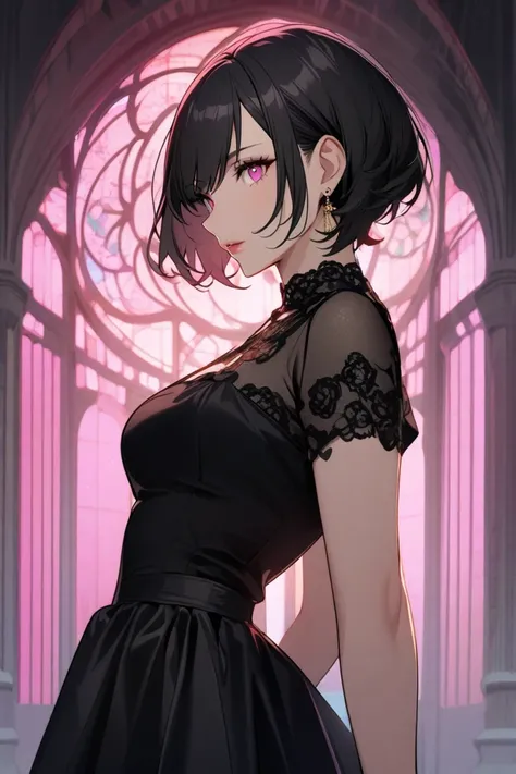 1 woman, short hair, black hair, pink eyes, wearing a long black dress, dressed modestly, looking beautiful, neat, mature