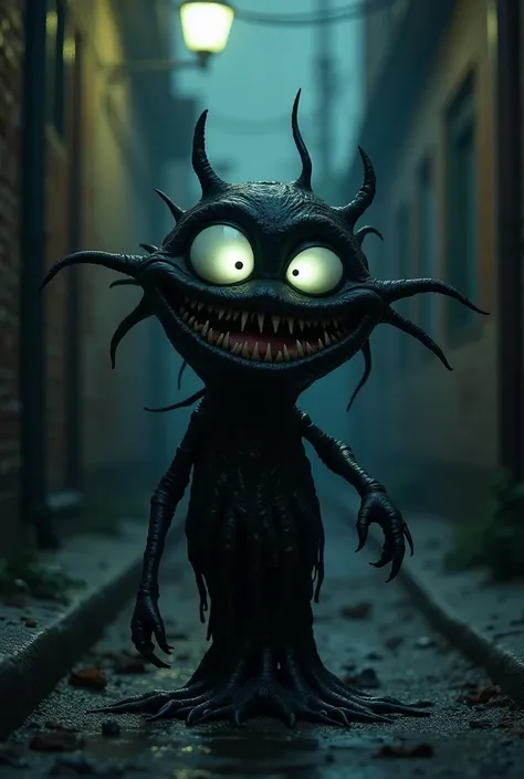 In a dark, abandoned alley, Masha Cartoon Character emerges from the shadows, their face twisted into a monstrous grin. Their black, tar-like skin drips with an unnatural sheen, stretching into sharp tendrils that slither in the air. Glowing white, jagged ...