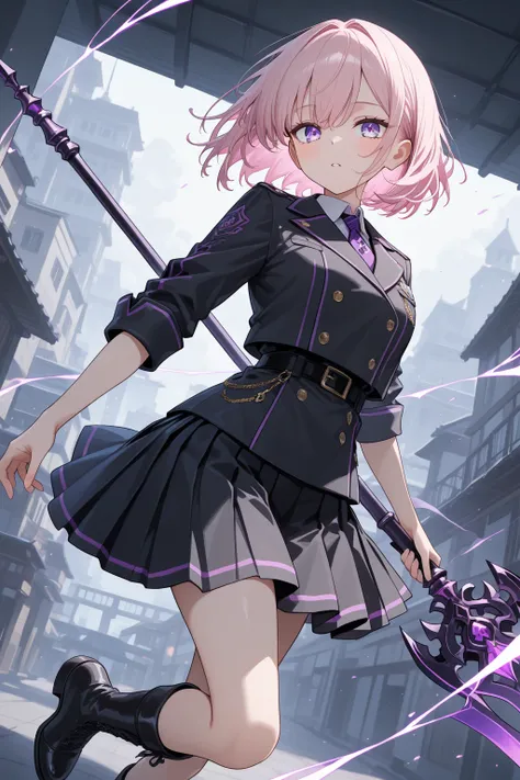 1 girl, violet eyes, light pink hair, short hair, cool, beautiful, black jacket, black skirt, black boots, mysterious atmosphere, long spear in her hands, black serrated spear, mysterious atmosphere, masterpiece, rolled up , great quality , very aesthetic,...