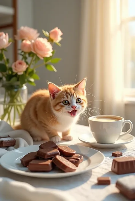 High-grade chocolate served on a plate、Coffee with plenty of fresh cream、 cute、Smiling Cat、Cat eating chocolate 、Premium Dishes、 white table、Flowers in a vase、Beautiful room、 happy、 Masterpiece、 top quality