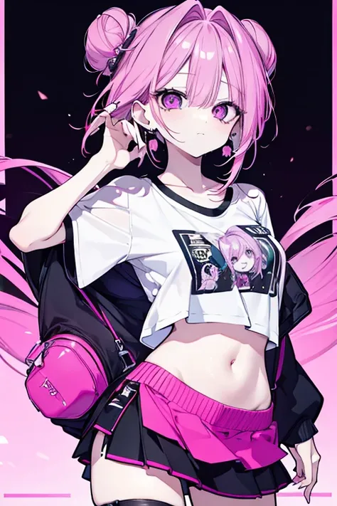 Beautiful woman with pink purple hair、 two bun hair 、 sharp eyesight、 long lashes、 dignified face、 t-shirts、Earrings、 belly button out、 miniskirt、 cool girl、