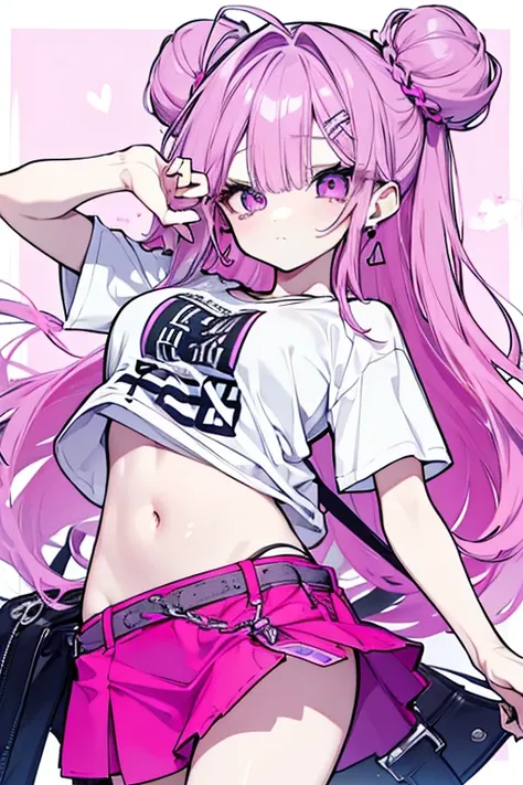 Beautiful woman with pink purple hair、 two bun hair 、 sharp eyesight、 long lashes、 dignified face、 t-shirts、Earrings、 belly button out、 miniskirt、 cool girl、