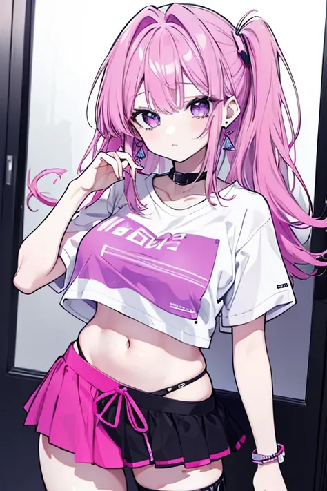 Beautiful woman with pink purple hair、 t-shirts、 belly button out、 miniskirt、Earrings