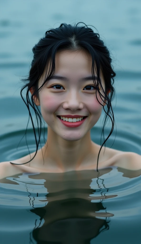 Image information: An Asian girl with a sweet smile, water surface, (upper body slightly above the water), full upper body exposed, wet hair, cold tones, depth of field, skin texture, incredible details, high contrast, high dynamic light, perfect compositi...