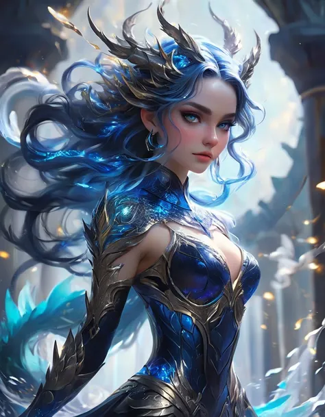 A majestic dragon girl with skin adorned by intricate, small black scales that glimmer in the light, her eyes radiating with an otherworldly blue tone that seems almost ethereal, sharp claws that curve delicately from her fingertips, and wavy hair that cas...